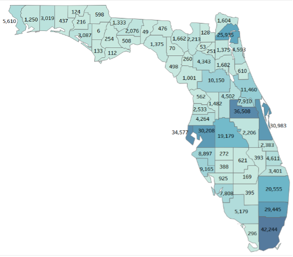 the number of manufacturing jobs in each Florida county